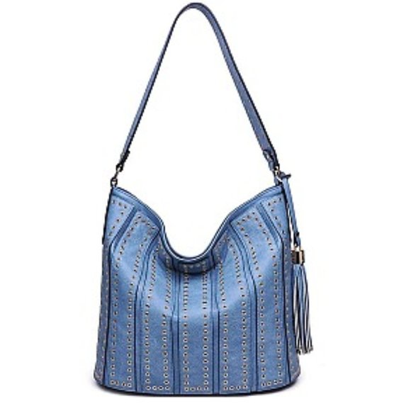 Urban Expressions Grommeted Blue Vegan Leather Nicola Hobo Shoulder Bag - Picture 1 of 11